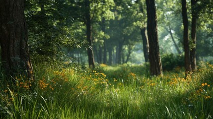 Aufkleber - Sunlit Meadow With Wildflowers and Trees, Depicting Natural Beauty and Environmental Awareness in a Serene Landscape : Generative AI