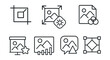 © Olha - Line style icons of image editing in presentations: crop icon, image resize badge, adjust brightness tag, color filter file, add effect board, image enhancement chart, sharpen image bubble, design