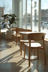 Poster - Empty Tables and Chairs in a Bright Cafe Near a Window, Representing Hospitality and a Welcoming Atmosphere for Dining and Leisure : Generative AI