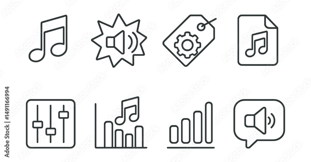 Line style icons of game sound: music note icon, sound effect badge ...
