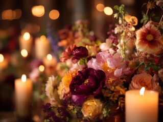 Poster - Floral Centerpiece With Candles Creating Warm Ambiance, Perfect for Wedding Decor and Romantic Celebrations : Generative AI