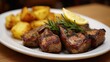 © CYBERPINK - Plate of food on a wooden table. on the plate, there are three pieces of grilled pork chops with a sprig of rosemary on top.