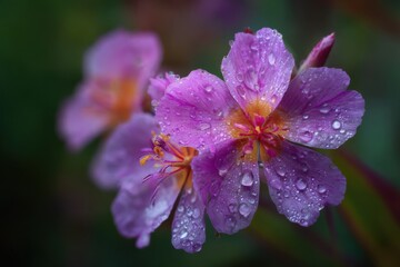 Poster - Dew Covered Pink Flowers in a Garden Setting, Symbolizing Natural Beauty and Floral Design Inspiration for Spring Season : Generative AI