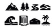 © Александр Михайлюк - Solid style icons of natural landscapes: mountain peak, forest trees, flowing river, desert dunes, ocean wave, waterfall icon, grassy hill, island view.