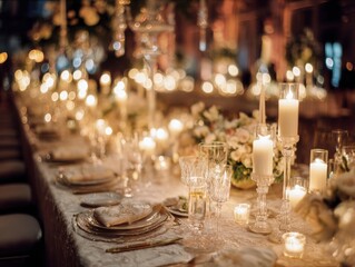 Fototapete - Elegant Wedding Table Setting With Candles and Flowers, Symbolizing Celebration and Romantic Occasions, Perfect for Event Planning and Hospitality Concepts : Generative AI