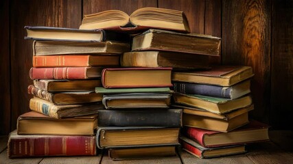 Poster - A stack of books on a wooden floor, ideal for office or study settings