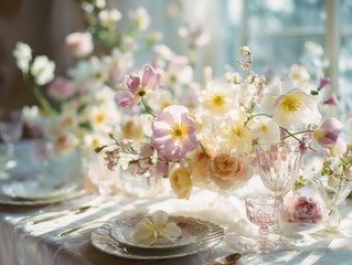 Fototapete - Elegant Table Setting With Floral Centerpiece and Delicate Glassware, Representing Celebration and Romantic Getaway : Generative AI