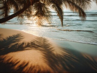 Poster - Tropical Beach With Palm Tree Shadows at Sunset, Evoking Summer Vacation and Coastal Getaway Experiences : Generative AI