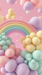 Poster - Pastel rainbow arch with colorful spheres, creating a playful, whimsical scene, perfect for a dreamy, lighthearted background