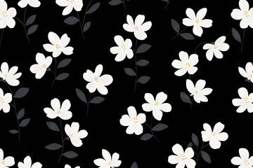 Poster - Elegant floral pattern on a black background. It showcases a multitude of delicate white flowers with contrasting dark leaves and stems. 