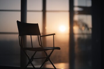 Poster - Director's Chair Silhouette Against Window at Sunset, Depicting Leadership and Career Aspirations, with a Sense of Hope and New Beginnings : Generative AI