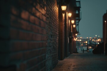 Poster - Brick Wall Lined With Lights Along a City Street at Dusk, Representing Urban Exploration and Atmospheric Ambience : Generative AI