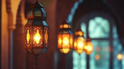 Aufkleber - A row of hanging lanterns on the facade of a building, providing warm lighting