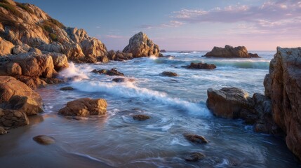 Poster - Rocky Coastline at Sunset With Waves Crashing, Showcasing Natural Beauty and Coastal Tourism, Promoting Relaxation and Vacation Getaways : Generative AI