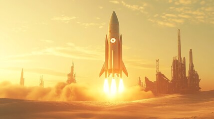  A retro-futuristic rocket ship blasts off from a desert landscape.