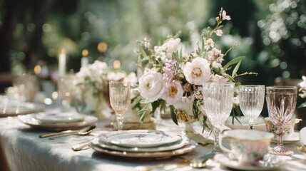 Poster - Elegant Table Setting With Floral Centerpiece, Representing Luxury Lifestyle and Hospitality Industry : Generative AI