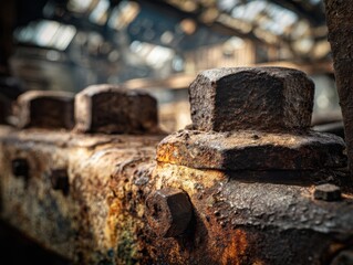 Poster - Close-Up of Rusted Metal Bolts in Old Factory, Showcasing Industrial Decay and Representing Renovation and Construction Projects : Generative AI