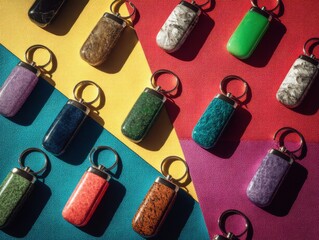 Aufkleber - Colorful Keychains on Geometric Background, Illustrating Variety and Personalization for Accessories Retail : Generative AI