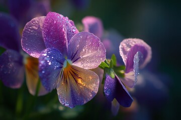 Aufkleber - Purple Pansies Covered in Dew Drops, Symbolizing Renewal and Springtime Beauty for Nature Photography and Floral Designs : Generative AI