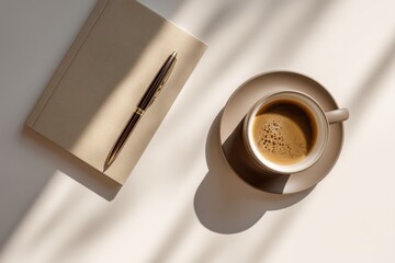 Aufkleber - Coffee Cup, Notebook, and Pen on Desk in Morning Light, Representing Productivity and Creative Inspiration for Freelance Professionals : Generative AI