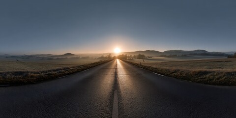 Poster - Road Leading to Sunrise Through Fields, Symbolizing Future Direction and Personal Growth, Suitable for Travel Blogs and Inspirational Content : Generative AI