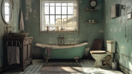 Poster - A modern bathroom suite with a tub, toilet, and large window