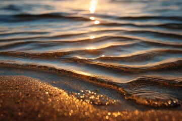 Poster - Golden Sunset Reflecting on Ocean Waves at Shoreline, Evoking Tranquility and Summer Vacation Getaways : Generative AI