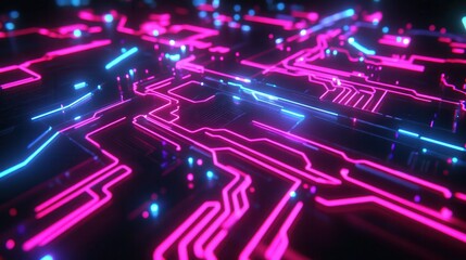 Fototapete - Neon Circuit Board Design with Pink and Blue Light Effects