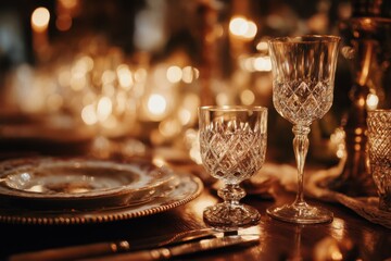 Poster - Elegant Crystal Glasses on a Table Setting With Warm Candlelight, Representing Luxury Lifestyle and Festive Celebration, Perfect for Holiday Marketing : Generative AI