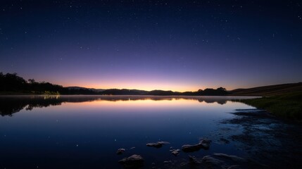Aufkleber - Starry Night Sky Reflecting on Calm Lake Water, Showcasing Tranquility and Natural Beauty for Travel and Tourism Promotion : Generative AI