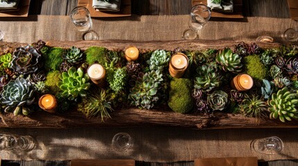 Aufkleber - Rustic Table Centerpiece With Succulents and Candles, Representing Eco-Friendly Decor and Sustainable Living for Interior Design and Event Planning, Top View : Generative AI