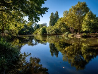Poster - Serene Lake Reflecting Trees Under Blue Sky, Representing Natural Beauty and Environmental Awareness for Conservation Projects and Tourism Campaigns : Generative AI