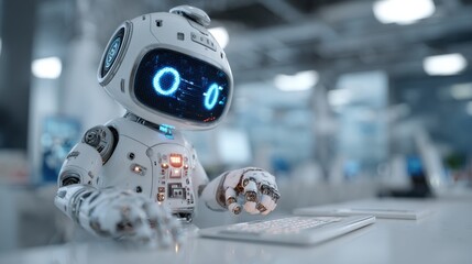 Poster - Friendly White Robot Typing on a Keyboard in an Office, Representing Automation and Technological Advancement in the Workplace, Ready for Digital Transformation : Generative AI