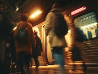 Aufkleber - People Boarding Subway Train in Motion Blur, Illustrating Urban Commute and City Life, Suitable for Transportation and Logistics Marketing : Generative AI