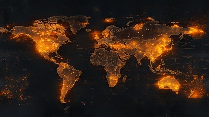 Poster - Global Network Digital World Map Orange Glowing Points Technology Background data grid dark dots    