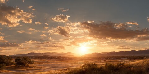 Aufkleber - Golden Sunset Over Mountain Valley, Evoking Tranquility and a Sense of Escape for Travel and Tourism Marketing : Generative AI