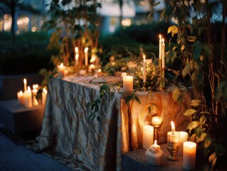 Aufkleber - Romantic Candlelit Table Setting Outdoors at Twilight, Evoking Intimacy and Special Occasion Celebrations for Social Gathering and Event Planning : Generative AI