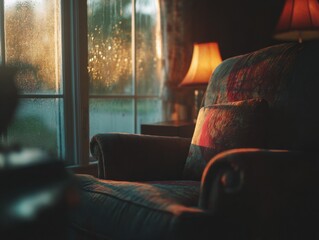 Poster - Cozy Armchair by Window on Rainy Day, Evoking Relaxation and Comfort for Home Decor Advertisements and Serene Lifestyle Content : Generative AI