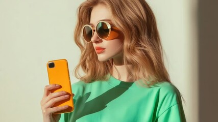 Poster - A woman is holding a cell phone, her attention focused on the screen