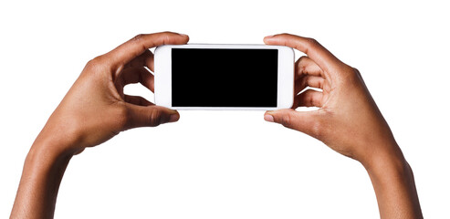 Aufkleber - Black hands holding mobile smartphone with blank screen, isolated on white background. Copy space for advertisement of mobile app, mockup