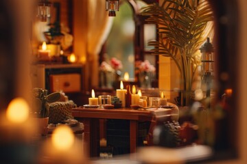 Poster - Cozy Room With Candles and Plants, Offering Warmth and Relaxation for Interior Design and Home Decor Inspiration : Generative AI