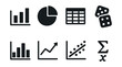 © VideoHub - Solid style icons of data and statistics: bar chart, pie chart, data table, probability dice, histogram, graph trend, correlation plot, statistical formula.