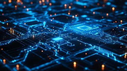 Poster - Abstract Digital Circuit Board Technology Background Blue Glow web data chip dark cyber lines future