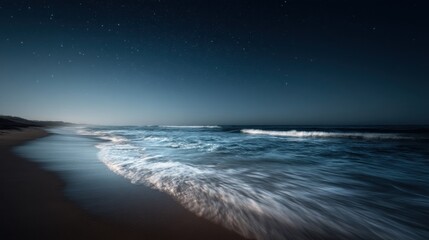 Poster - Starry Night Sky Over Ocean Waves at Beach, Evoking Coastal Serenity and Peaceful Escape : Generative AI