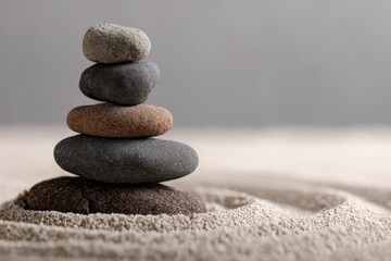 Aufkleber - Stacked Stones on Sand, Representing Balance and Mindfulness for Wellness and Meditation Practices : Generative AI