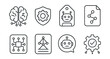 © Olha - Line style icons of artificial intelligence: AI brain icon, machine learning badge, robot tag, algorithm file, neural network board, AI model chart, intelligent assistant bubble, automated system
