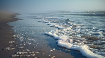 Poster - Foamy Ocean Waves Gently Washing Ashore at Sunrise, Evoking Tranquility and Coastal Getaways : Generative AI