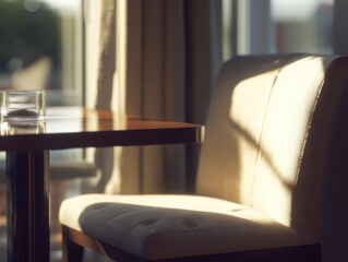 Aufkleber - Empty Glass on Table Next to Chair in Sunlight, Representing Hospitality and a Moment of Tranquility for Relaxation and Wellness : Generative AI