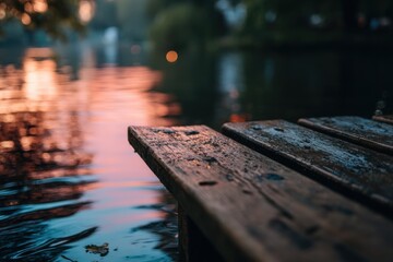 Poster - Wooden Bench Overlooking a Lake at Sunset, Evoking Tranquility and Peaceful Reflection, Ideal for Travel and Nature Getaways : Generative AI