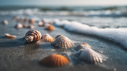 Poster - Seashells Washed Ashore on Beach Sand at Low Tide, Symbolizing Summer Vacation and Coastal Relaxation : Generative AI